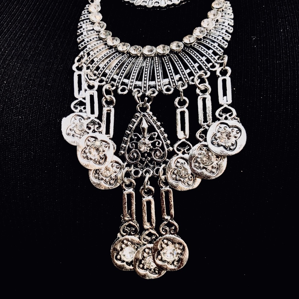 Boho Silver & Turquoise Tassel Choker Necklace - Picture 3 of 7